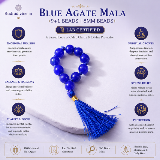 Blue Agate Mala 9+1 Beads crafted with natural 8mm Blue Agate gemstones and official Lab Certificate by Rudradivine.in for confidence, protection and meditation