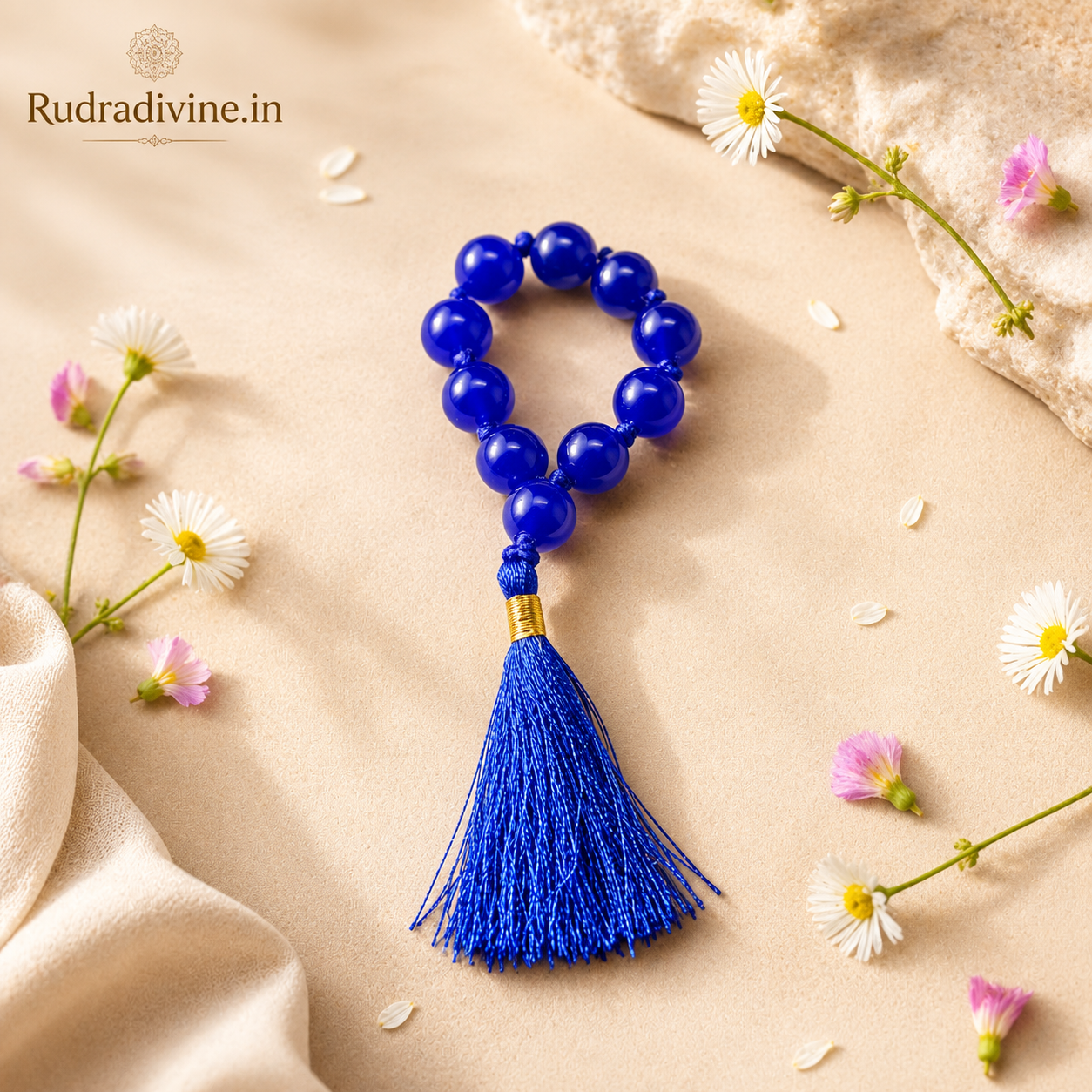 Blue Agate Mala 9+1 Beads crafted with natural 8mm Blue Agate gemstones and official Lab Certificate by Rudradivine.in for confidence, protection and meditation