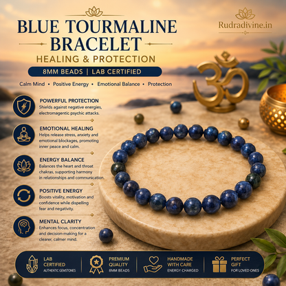 Blue Tourmaline Bracelet with 8MM natural stone beads and official Lab Certificate by Rudradivine, traditionally associated with healing, protection, grounding and spiritual balance.