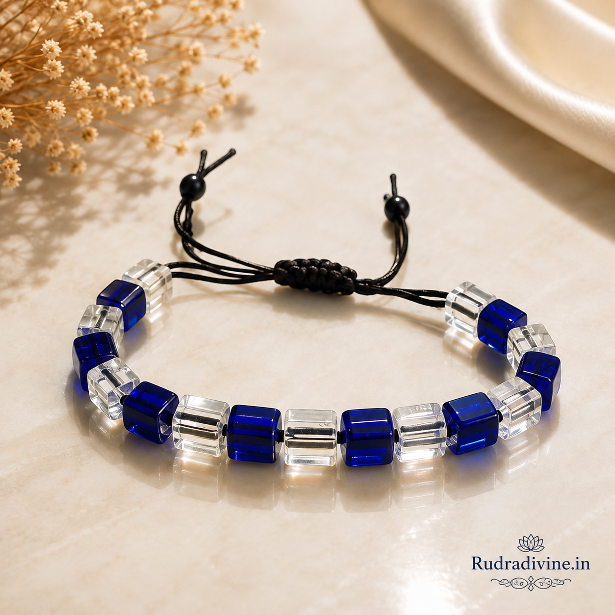 Blue & White Crystal Bracelet with 8MM beads and official Lab Certificate by Rudradivine, designed for meditation, positive intentions, spiritual wellness and everyday wear.