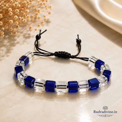 Blue & White Crystal Bracelet with 8MM beads and official Lab Certificate by Rudradivine, designed for meditation, positive intentions, spiritual wellness and everyday wear.