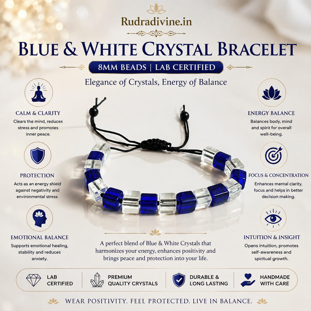 Blue & White Crystal Bracelet with 8MM beads and official Lab Certificate by Rudradivine, designed for meditation, positive intentions, spiritual wellness and everyday wear.