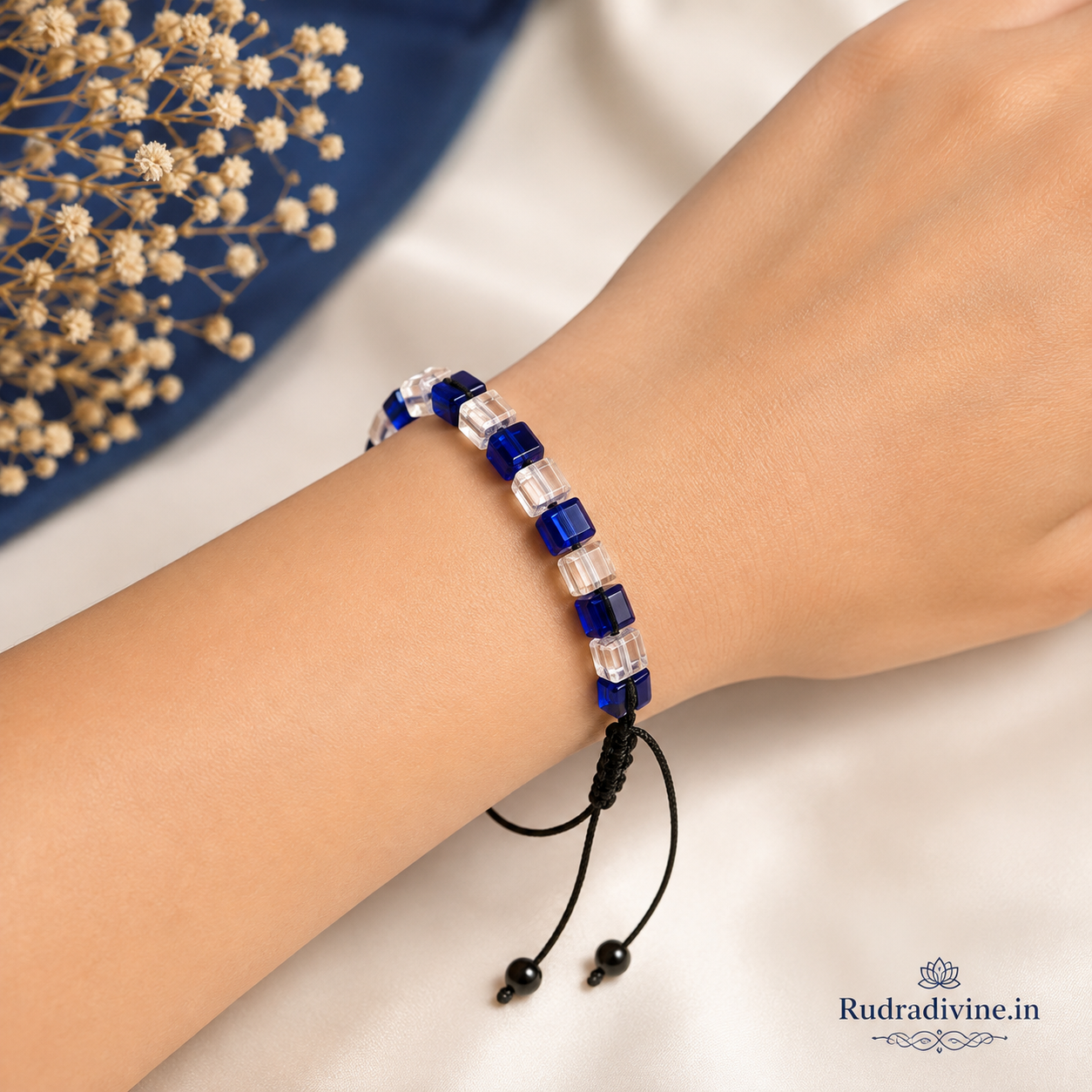 Blue & White Crystal Bracelet with 8MM beads and official Lab Certificate by Rudradivine, designed for meditation, positive intentions, spiritual wellness and everyday wear.