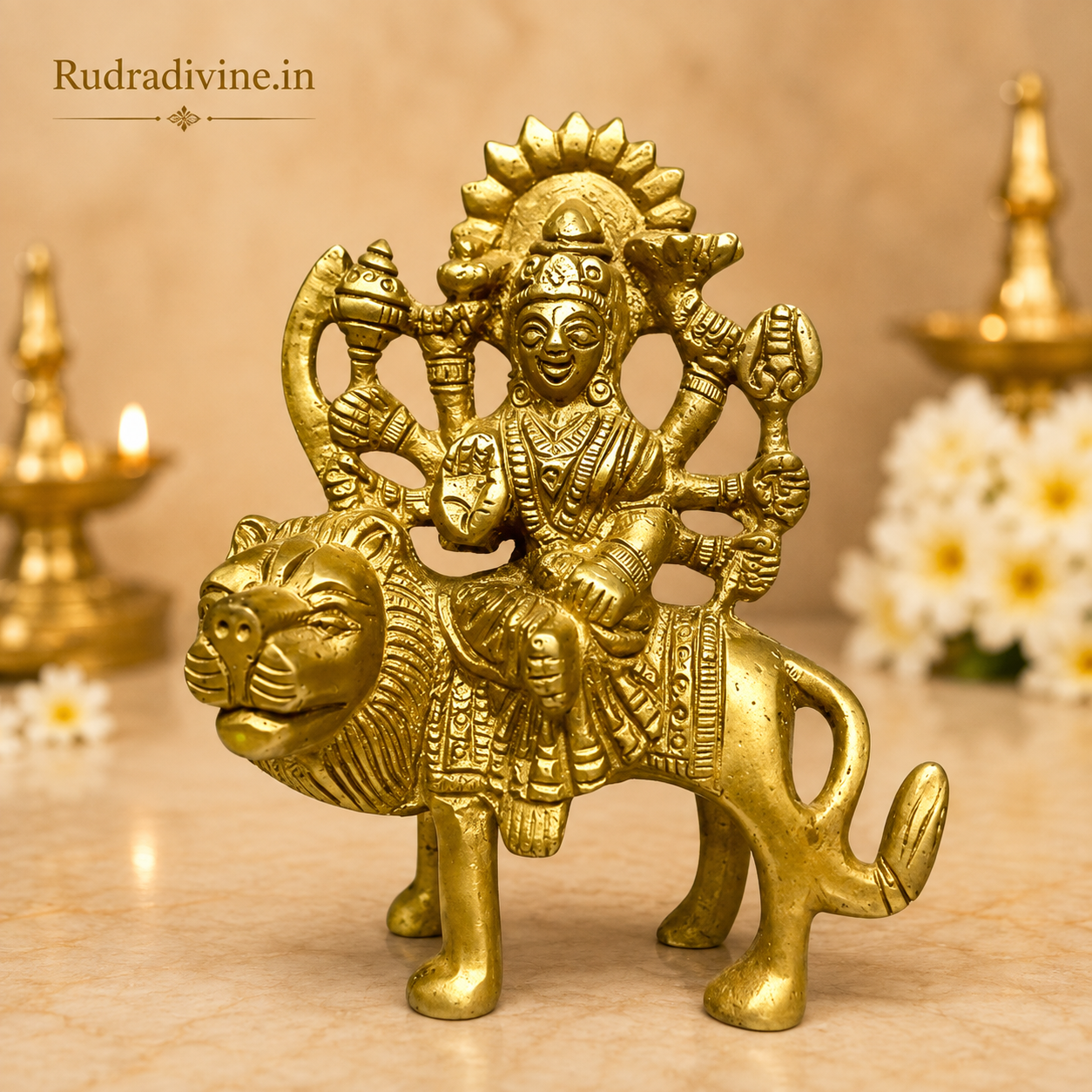 Brass Durga Mata Murti on Lion crafted from premium brass with official Lab Certificate by Rudradivine for home pooja, spiritual décor, divine protection and prosperity.