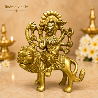Brass Durga Mata Murti on Lion crafted from premium brass with official Lab Certificate by Rudradivine for home pooja, spiritual décor, divine protection and prosperity.