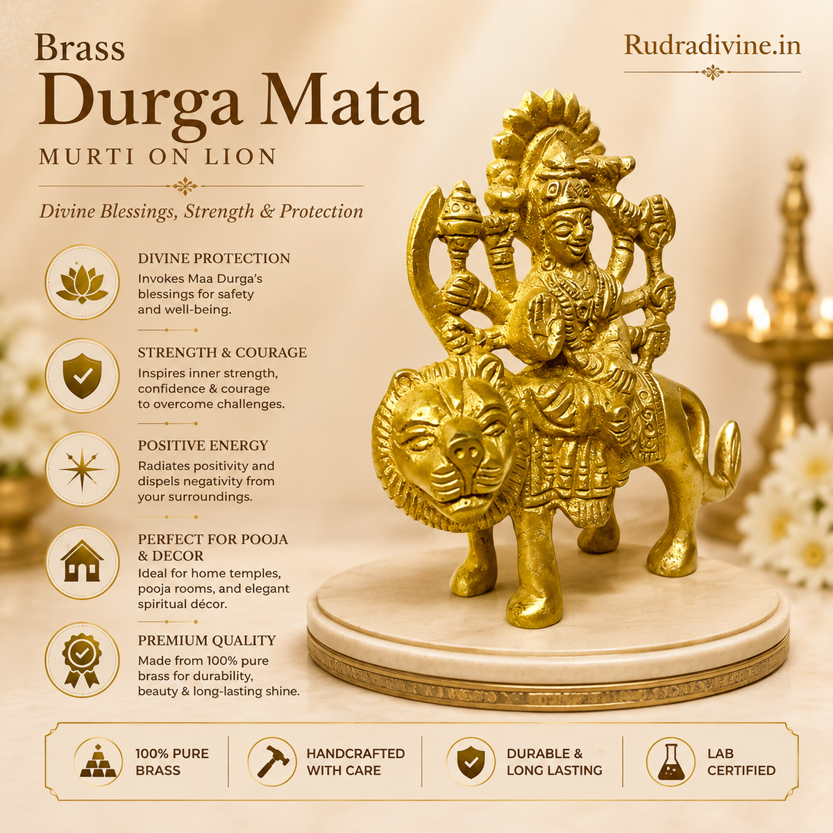 Brass Durga Mata Murti on Lion crafted from premium brass with official Lab Certificate by Rudradivine for home pooja, spiritual décor, divine protection and prosperity.