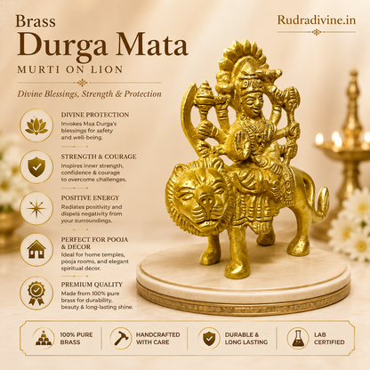 Brass Durga Mata Murti on Lion crafted from premium brass with official Lab Certificate by Rudradivine for home pooja, spiritual décor, divine protection and prosperity.