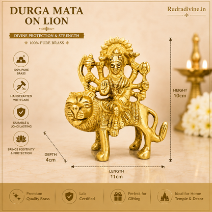 Brass Durga Mata Murti on Lion crafted from premium brass with official Lab Certificate by Rudradivine for home pooja, spiritual décor, divine protection and prosperity.