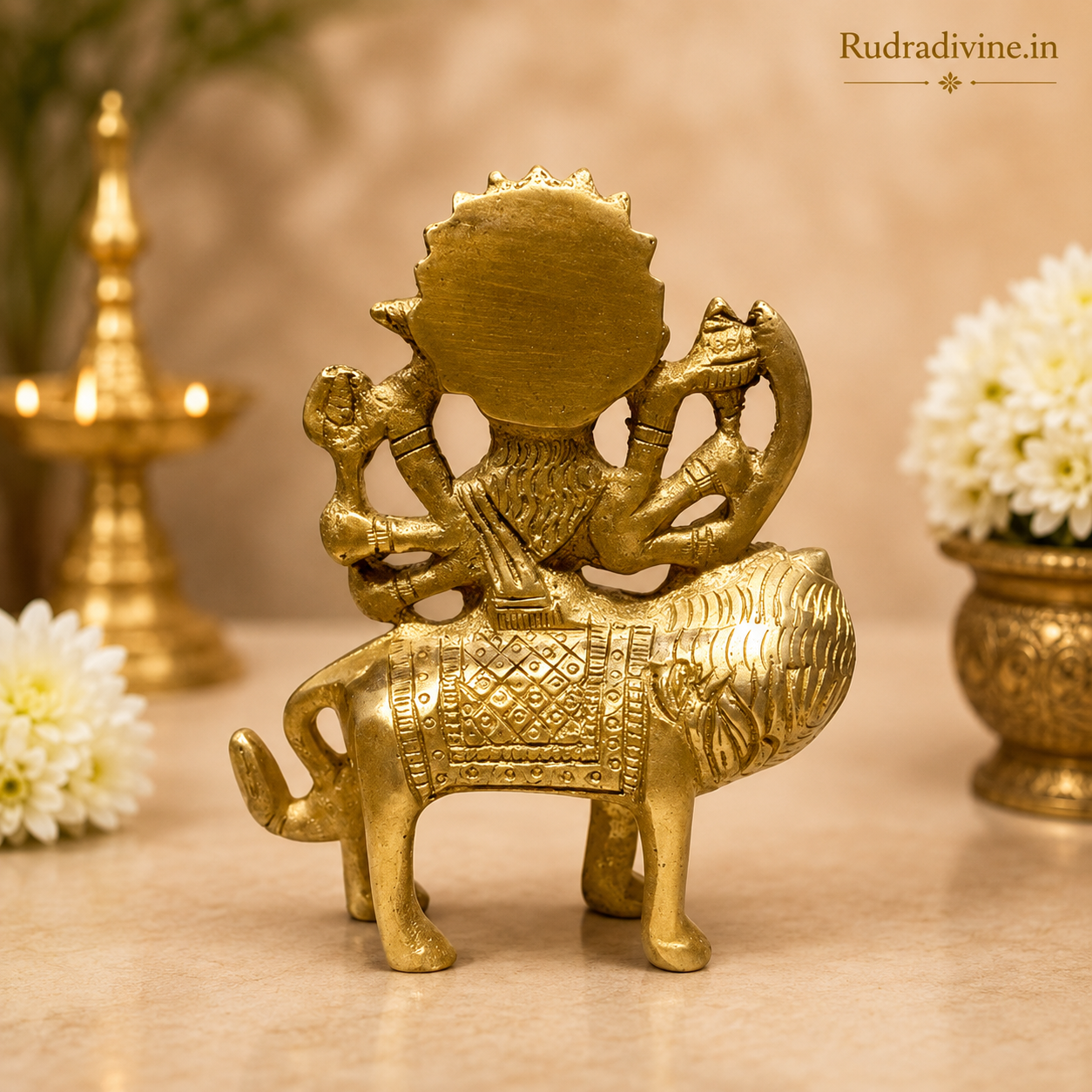 Brass Durga Mata Murti on Lion crafted from premium brass with official Lab Certificate by Rudradivine for home pooja, spiritual décor, divine protection and prosperity.