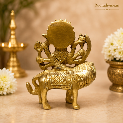 Brass Durga Mata Murti on Lion crafted from premium brass with official Lab Certificate by Rudradivine for home pooja, spiritual décor, divine protection and prosperity.