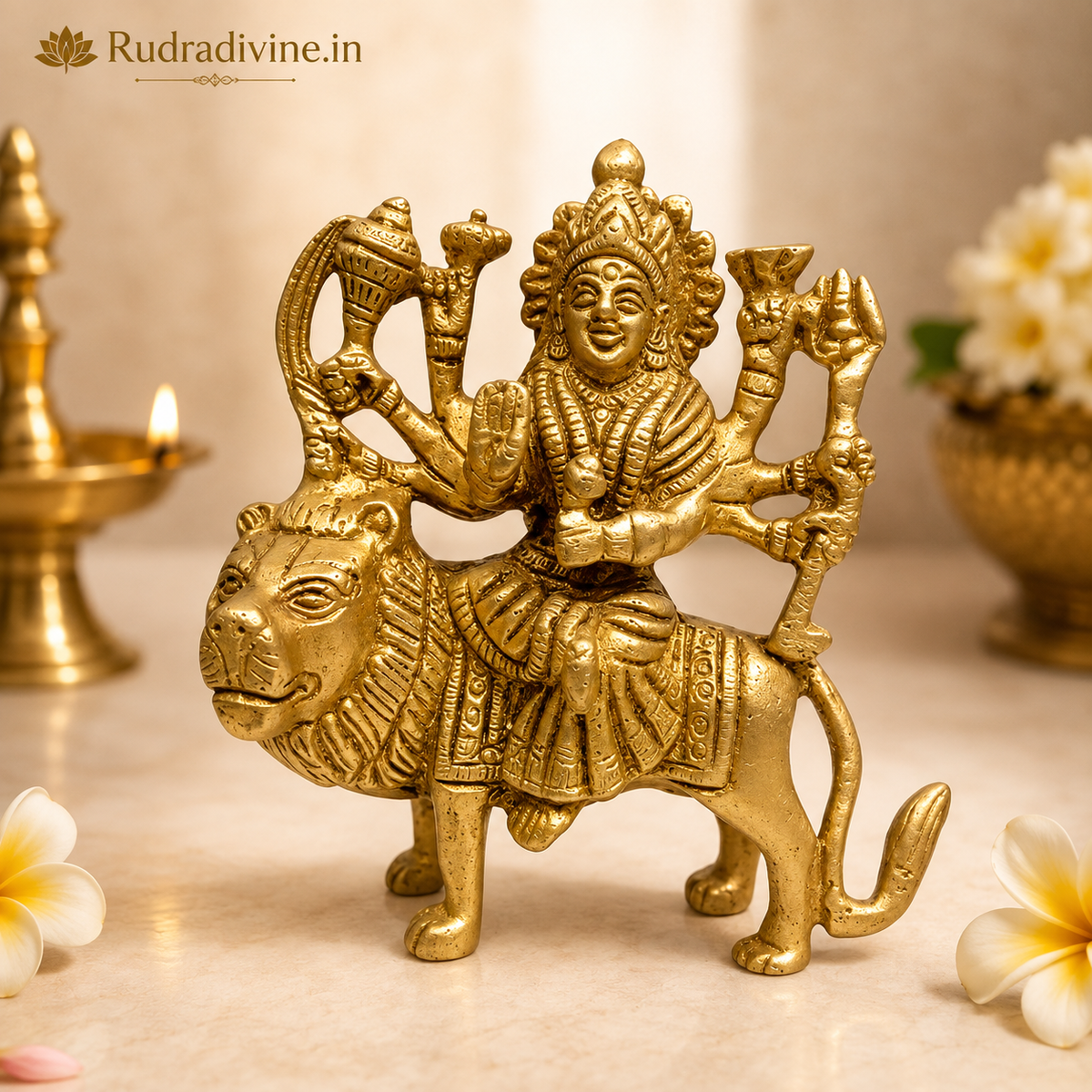Brass Durga Mata Murti on Lion with premium craftsmanship and official Lab Certificate by Rudradivine for home temple, pooja, mandir decor and divine blessings.