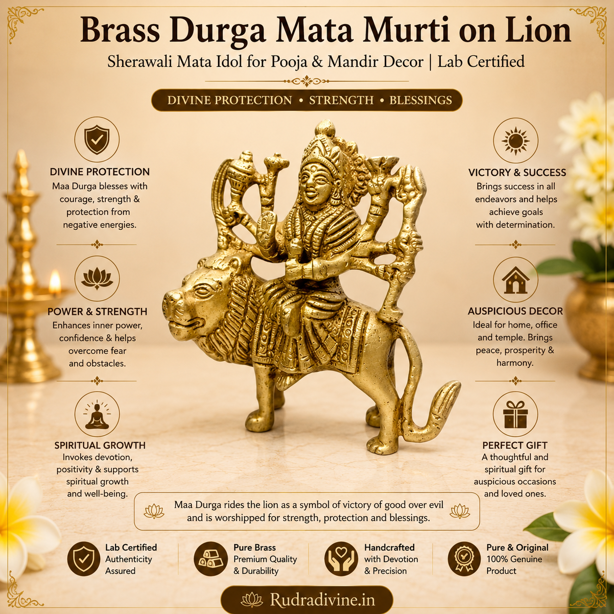 Brass Durga Mata Murti on Lion with premium craftsmanship and official Lab Certificate by Rudradivine for home temple, pooja, mandir decor and divine blessings.