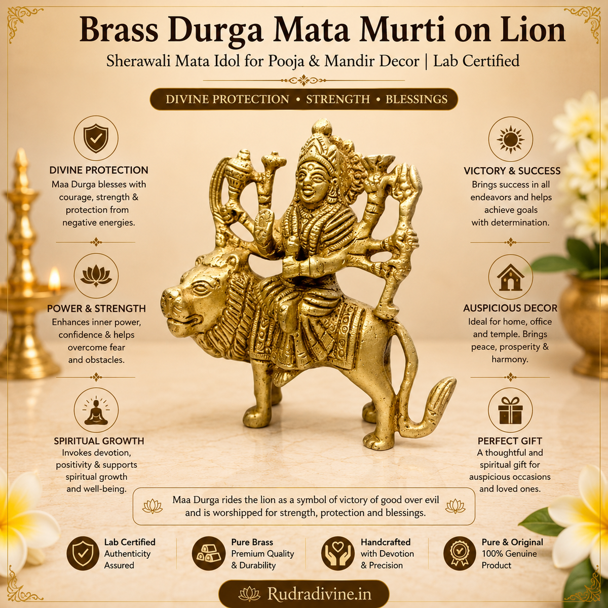 Brass Durga Mata Murti on Lion with premium craftsmanship and official Lab Certificate by Rudradivine for home temple, pooja, mandir decor and divine blessings.