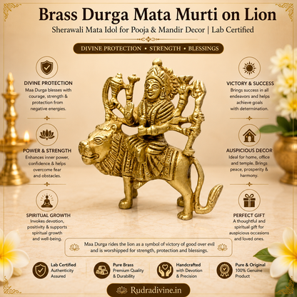 Brass Durga Mata Murti on Lion with premium craftsmanship and official Lab Certificate by Rudradivine for home temple, pooja, mandir decor and divine blessings.