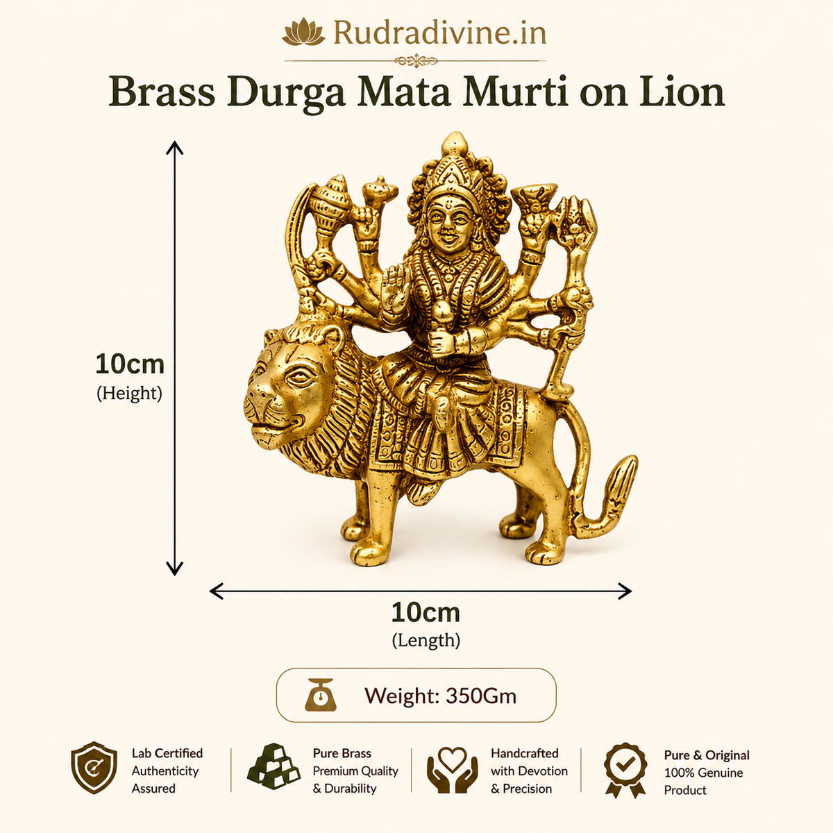 Brass Durga Mata Murti on Lion with premium craftsmanship and official Lab Certificate by Rudradivine for home temple, pooja, mandir decor and divine blessings.