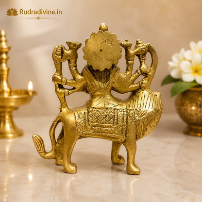 Brass Durga Mata Murti on Lion with premium craftsmanship and official Lab Certificate by Rudradivine for home temple, pooja, mandir decor and divine blessings.