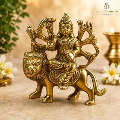 Brass Durga Statue Sherawali Mata handcrafted premium brass idol with official Lab Certificate by Rudradivine for pooja, home temple, protection and prosperity.