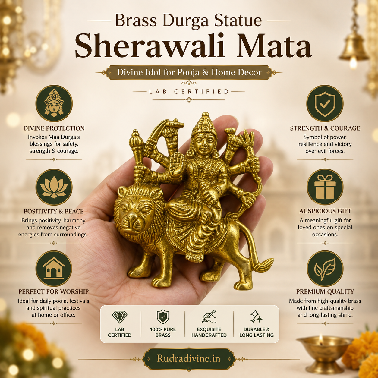 Brass Durga Statue Sherawali Mata handcrafted premium brass idol with official Lab Certificate by Rudradivine for pooja, home temple, protection and prosperity.