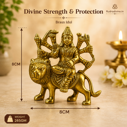 Brass Durga Statue Sherawali Mata handcrafted premium brass idol with official Lab Certificate by Rudradivine for pooja, home temple, protection and prosperity.