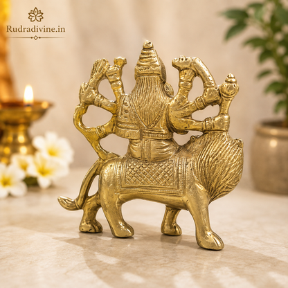 Brass Durga Statue Sherawali Mata handcrafted premium brass idol with official Lab Certificate by Rudradivine for pooja, home temple, protection and prosperity.