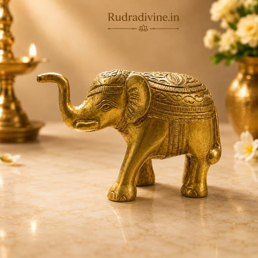 Brass Elephant Statue with premium brass finish and official Lab Certificate by Rudradivine, ideal for vastu, home décor, pooja room, prosperity, and positive energy.