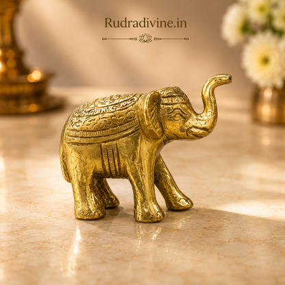 Brass Elephant Statue with premium brass finish and official Lab Certificate by Rudradivine, ideal for vastu, home décor, pooja room, prosperity, and positive energy.