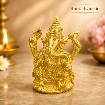 Brass Ganesh Ji Murti crafted from premium brass with official Lab Certificate by Rudradivine for home temple, daily puja, prosperity, wisdom, and spiritual décor.