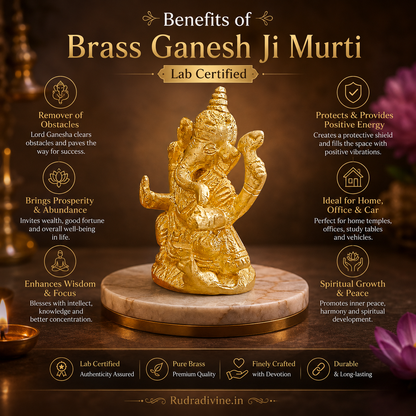 Brass Ganesh Ji Murti crafted from premium brass with official Lab Certificate by Rudradivine for home temple, daily puja, prosperity, wisdom, and spiritual décor.