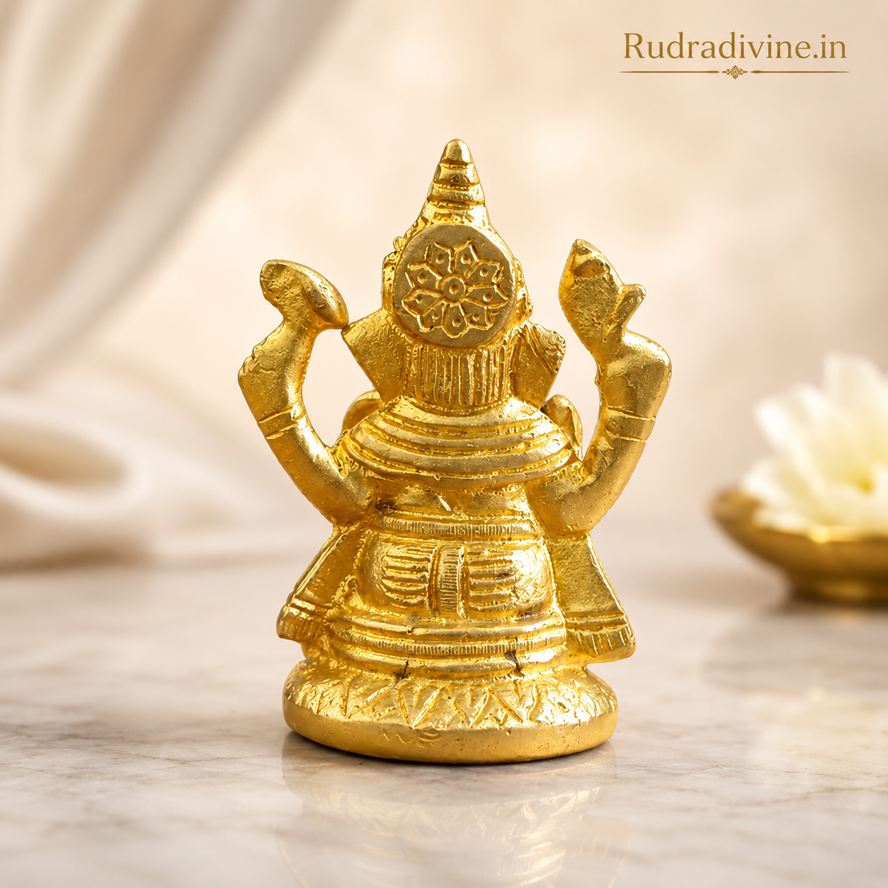 Brass Ganesh Ji Murti crafted from premium brass with official Lab Certificate by Rudradivine for home temple, daily puja, prosperity, wisdom, and spiritual décor.