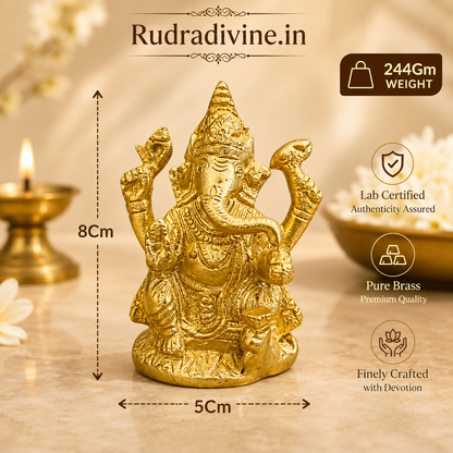 Brass Ganesh Ji Murti crafted from premium brass with official Lab Certificate by Rudradivine for home temple, daily puja, prosperity, wisdom, and spiritual décor.