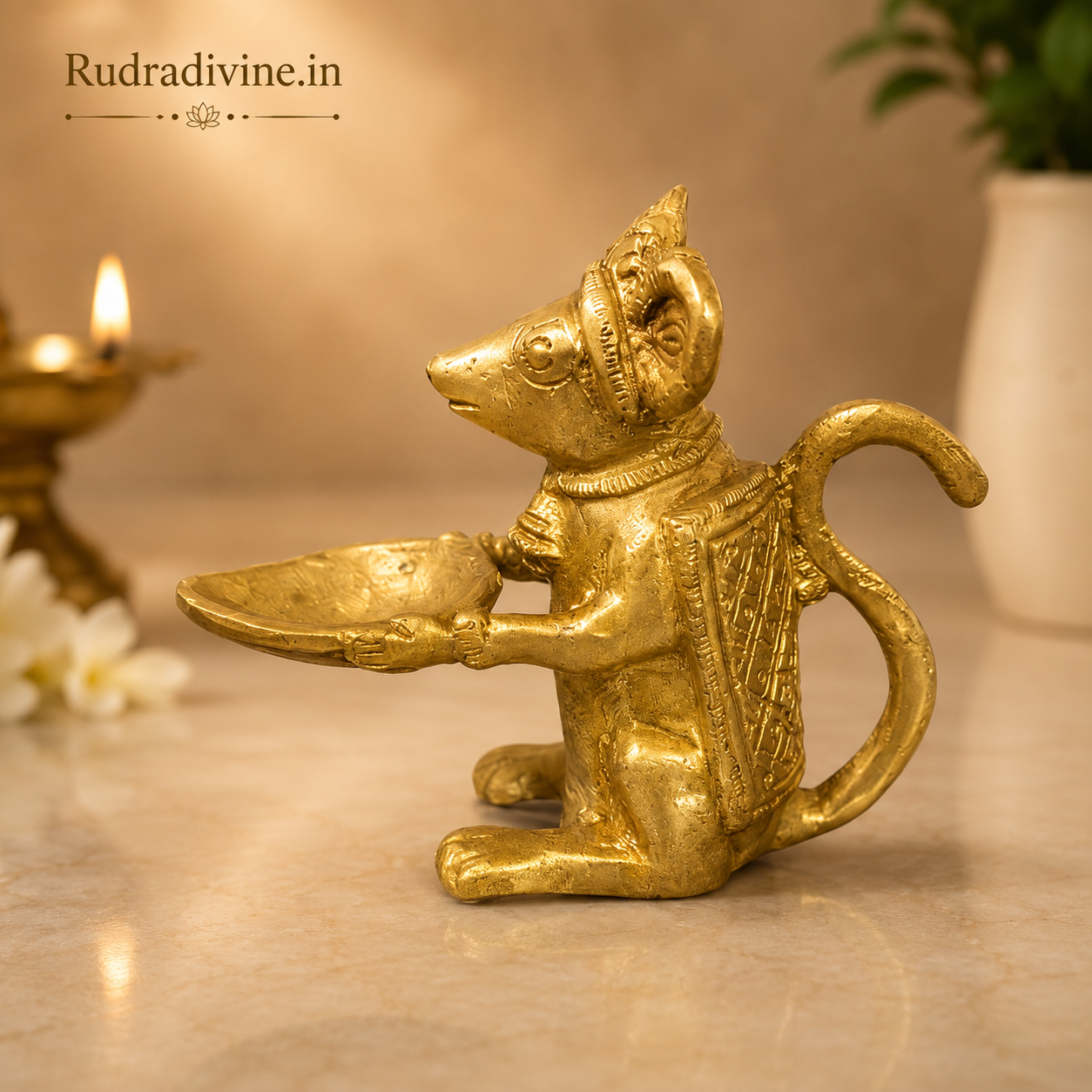 Brass Ganesh Mooshak Diya with premium brass finish and official Lab Certificate by Rudradivine, ideal for daily pooja, aarti, home temple, festivals, and spiritual décor.