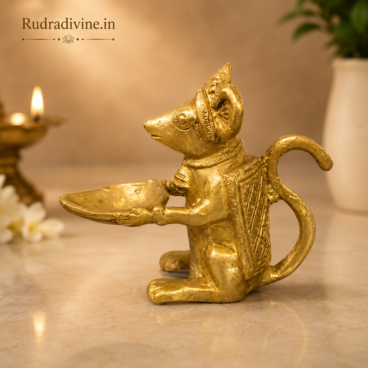 Brass Ganesh Mooshak Diya with premium brass finish and official Lab Certificate by Rudradivine, ideal for daily pooja, aarti, home temple, festivals, and spiritual décor.