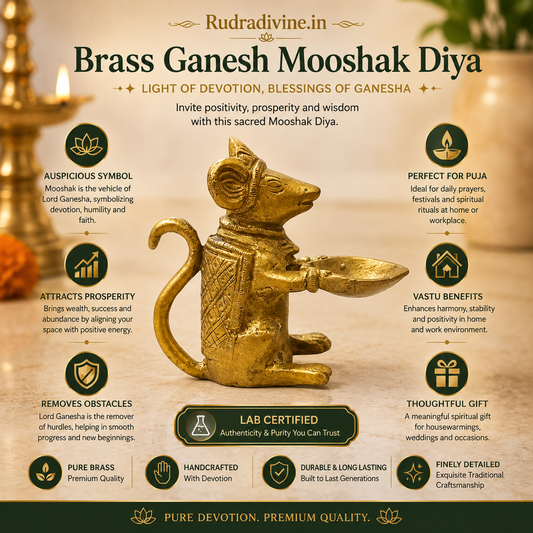 Brass Ganesh Mooshak Diya with premium brass finish and official Lab Certificate by Rudradivine, ideal for daily pooja, aarti, home temple, festivals, and spiritual décor.