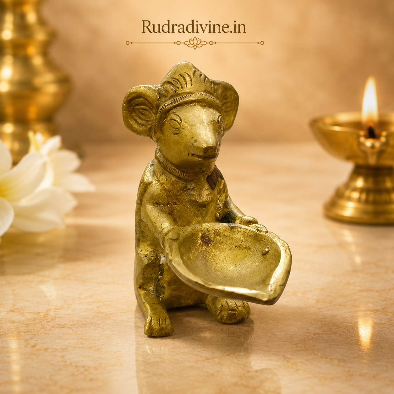 Brass Ganesh Mooshak Diya with premium brass finish and official Lab Certificate by Rudradivine, ideal for daily pooja, aarti, home temple, festivals, and spiritual décor.