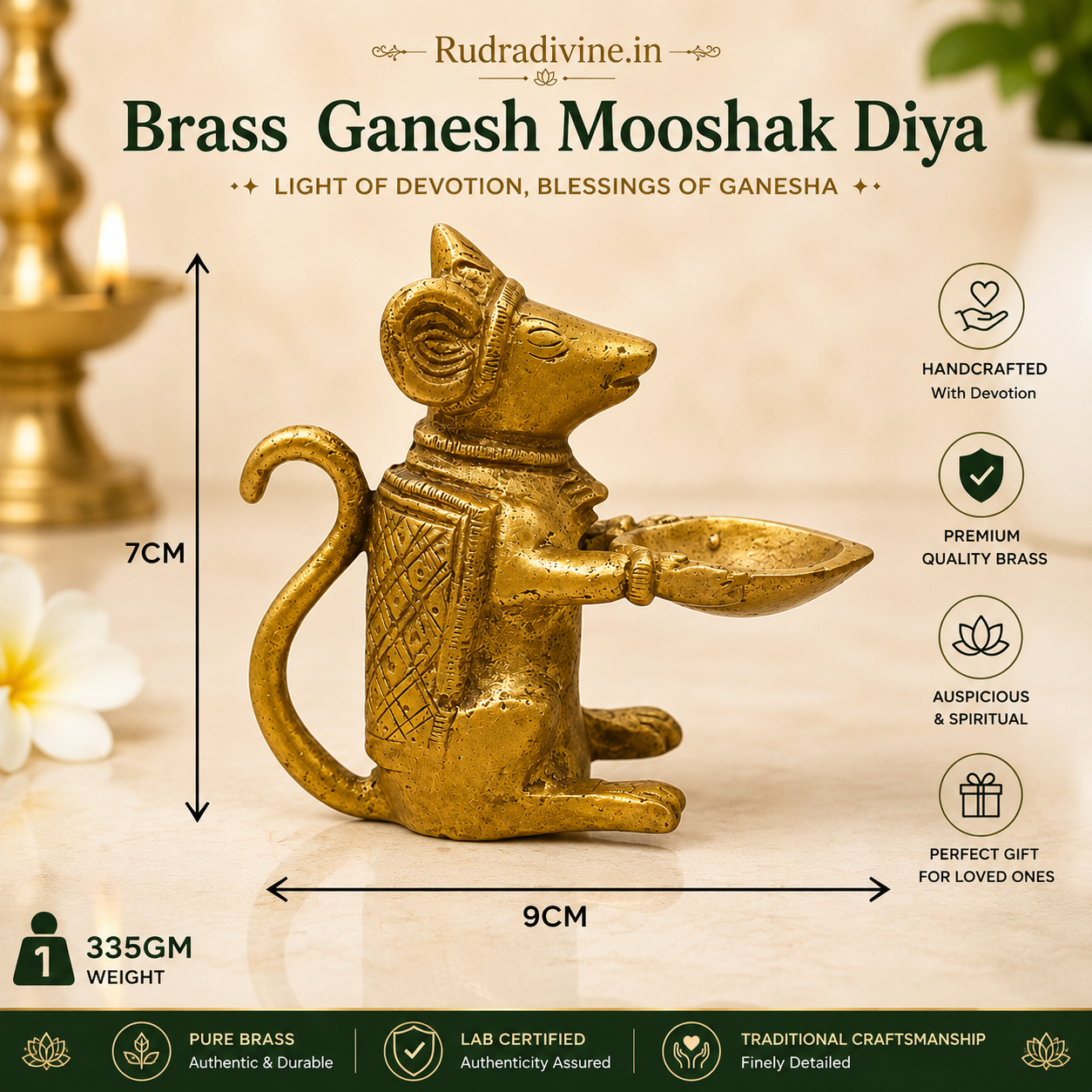 Brass Ganesh Mooshak Diya with premium brass finish and official Lab Certificate by Rudradivine, ideal for daily pooja, aarti, home temple, festivals, and spiritual décor.