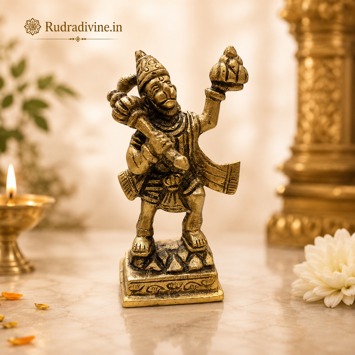 Brass Hanuman Ji Idol carrying the Sanjeevani Mountain for pooja and home temple, premium brass murti with official Lab Certificate by Rudradivine.