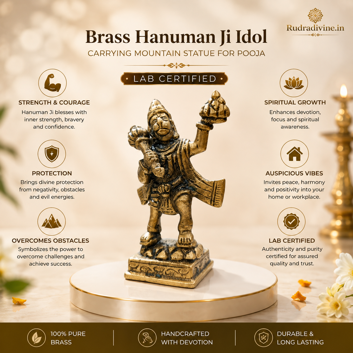 Brass Hanuman Ji Idol carrying the Sanjeevani Mountain for pooja and home temple, premium brass murti with official Lab Certificate by Rudradivine.