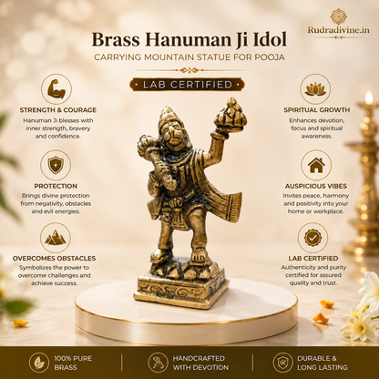 Brass Hanuman Ji Idol carrying the Sanjeevani Mountain for pooja and home temple, premium brass murti with official Lab Certificate by Rudradivine.