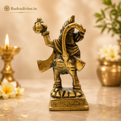 Brass Hanuman Ji Idol carrying the Sanjeevani Mountain for pooja and home temple, premium brass murti with official Lab Certificate by Rudradivine.
