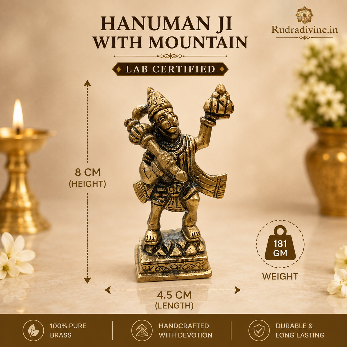 Brass Hanuman Ji Idol carrying the Sanjeevani Mountain for pooja and home temple, premium brass murti with official Lab Certificate by Rudradivine.