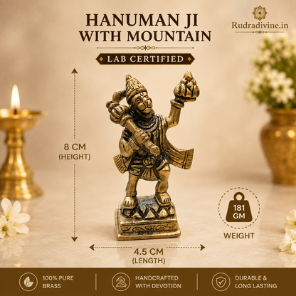 Brass Hanuman Ji Idol carrying the Sanjeevani Mountain for pooja and home temple, premium brass murti with official Lab Certificate by Rudradivine.