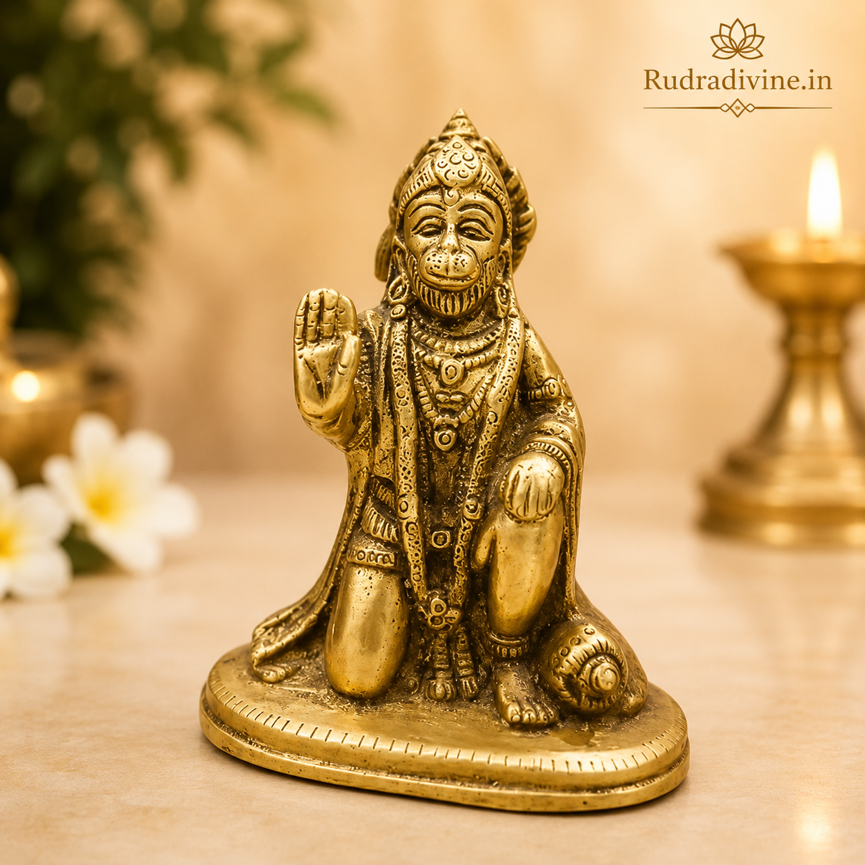 Brass Hanuman Ji Murti handcrafted from premium pure brass with official Lab Certificate by Rudradivine for strength, protection, home temple worship and divine blessings.