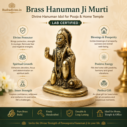 Brass Hanuman Ji Murti handcrafted from premium pure brass with official Lab Certificate by Rudradivine for strength, protection, home temple worship and divine blessings.