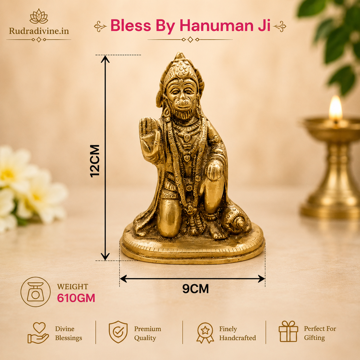 Brass Hanuman Ji Murti handcrafted from premium pure brass with official Lab Certificate by Rudradivine for strength, protection, home temple worship and divine blessings.
