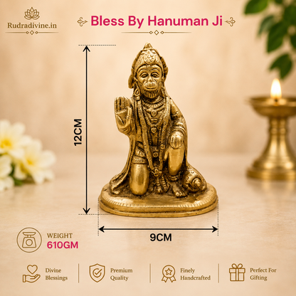 Brass Hanuman Ji Murti handcrafted from premium pure brass with official Lab Certificate by Rudradivine for strength, protection, home temple worship and divine blessings.