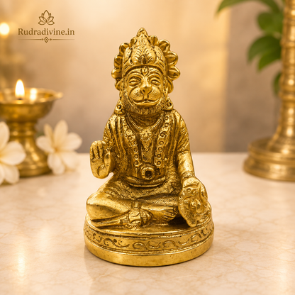 Brass Hanuman Ji Murti handcrafted from premium pure brass with official Lab Certificate by Rudradivine for pooja, strength, protection, devotion and divine blessings.