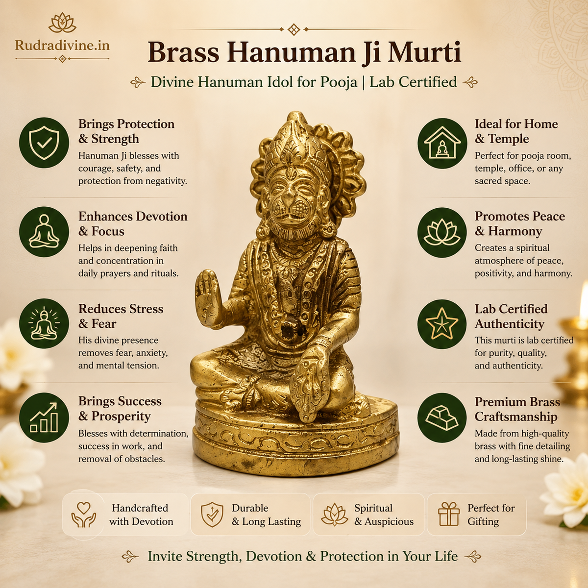 Brass Hanuman Ji Murti handcrafted from premium pure brass with official Lab Certificate by Rudradivine for pooja, strength, protection, devotion and divine blessings.