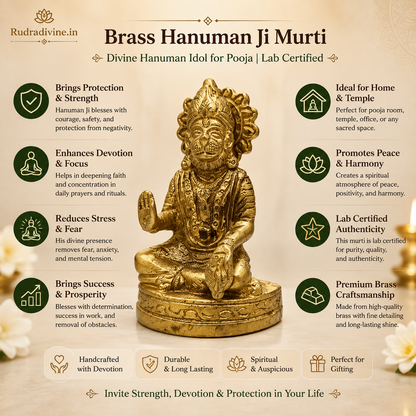Brass Hanuman Ji Murti handcrafted from premium pure brass with official Lab Certificate by Rudradivine for pooja, strength, protection, devotion and divine blessings.