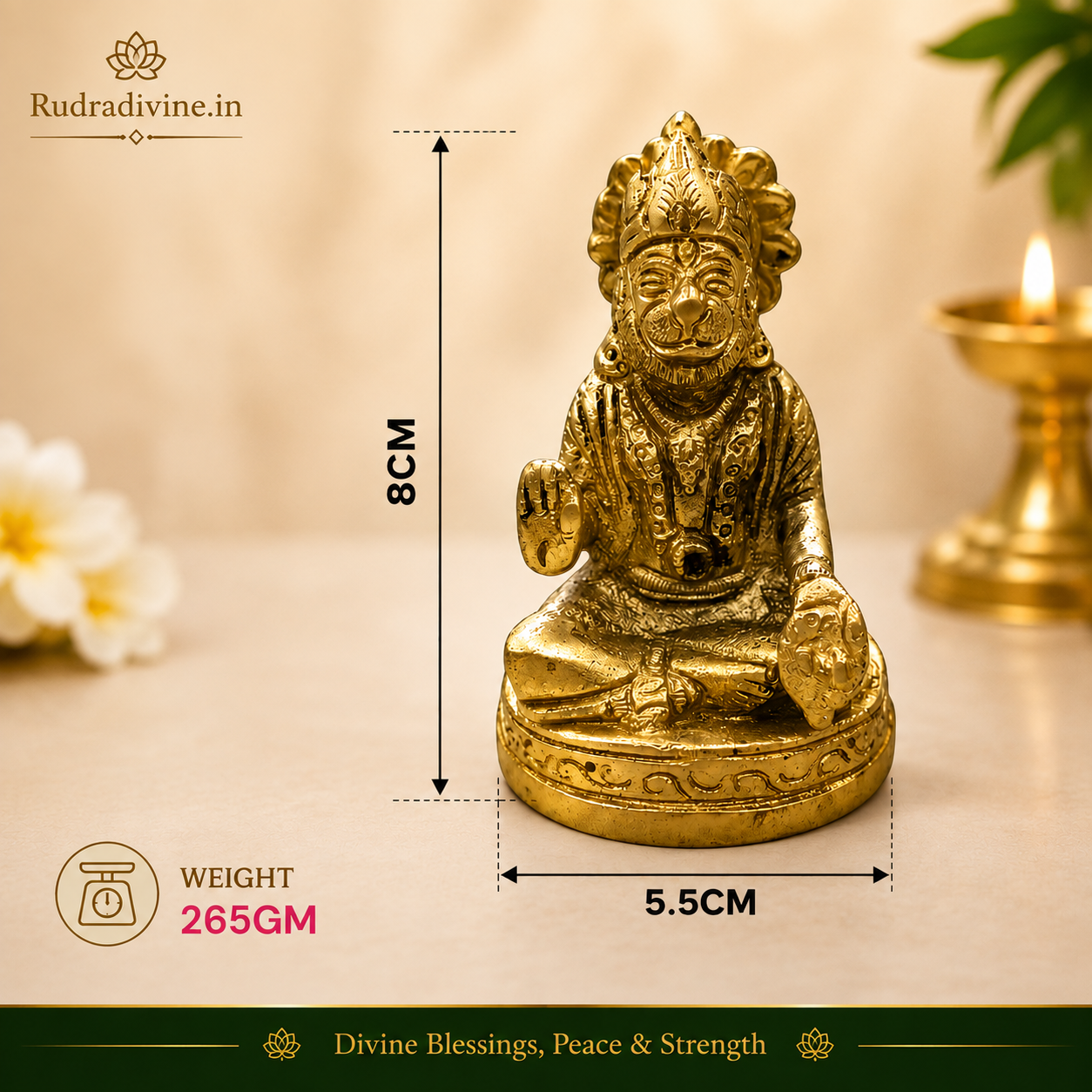 Brass Hanuman Ji Murti handcrafted from premium pure brass with official Lab Certificate by Rudradivine for pooja, strength, protection, devotion and divine blessings.