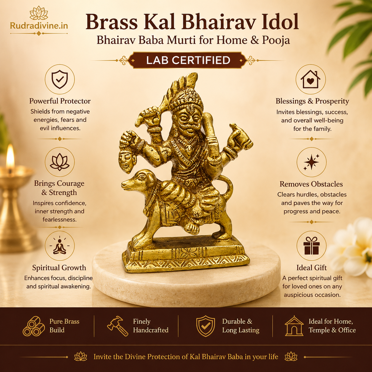 Brass Kal Bhairav Idol handcrafted from premium pure brass with official Lab Certificate by Rudradivine for protection, courage, home temple worship and powerful divine blessings.